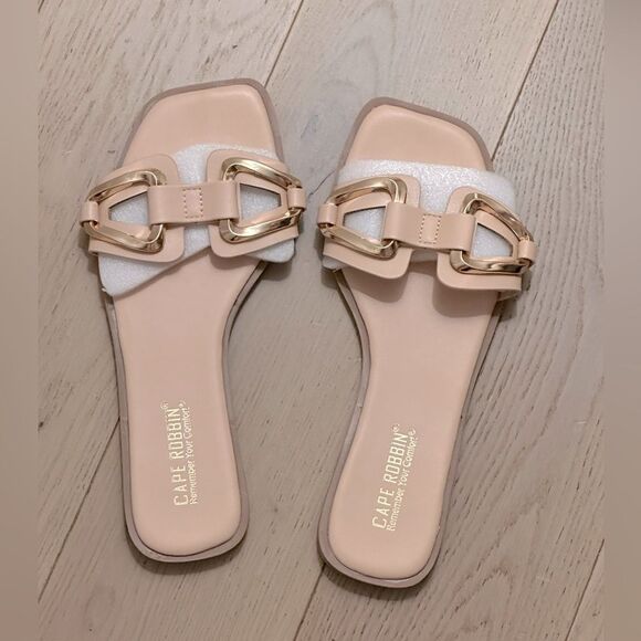 Jocha Stylish Summer Slide Sandals with Gold Accent Chain - Nude - Picture 7 of 9